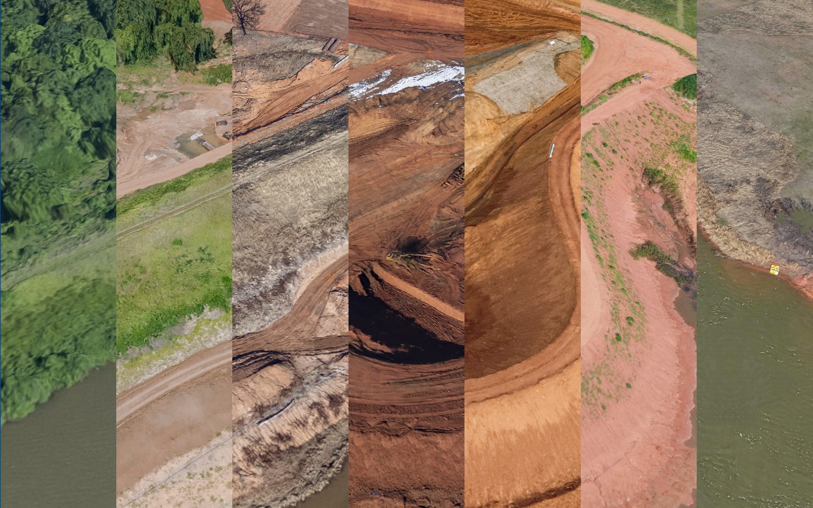 The dam rebuild in seven vertical slices from one camera, left to right: wooded shoreline in June 2018, the cut opened in 2019, red earthworks under snow in December 2020, the core trench in January 2021, the embankment shaped by July 2021, and the finished dam with riprap and the lake refilled in February 2026