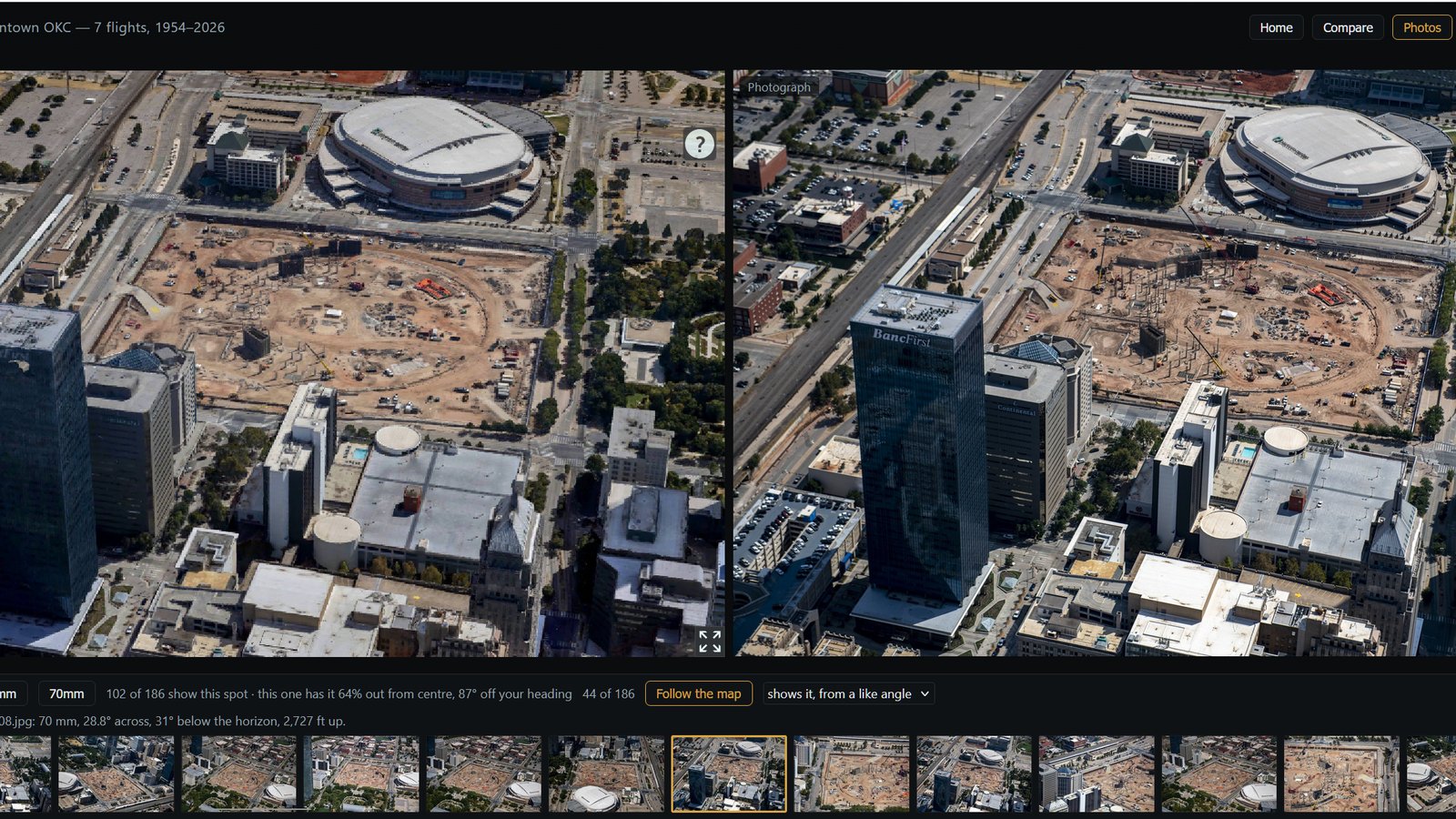 The viewer showing downtown Oklahoma City: the 3D model on the left and the oblique photograph of the same view on the right, the arena site under construction between the towers