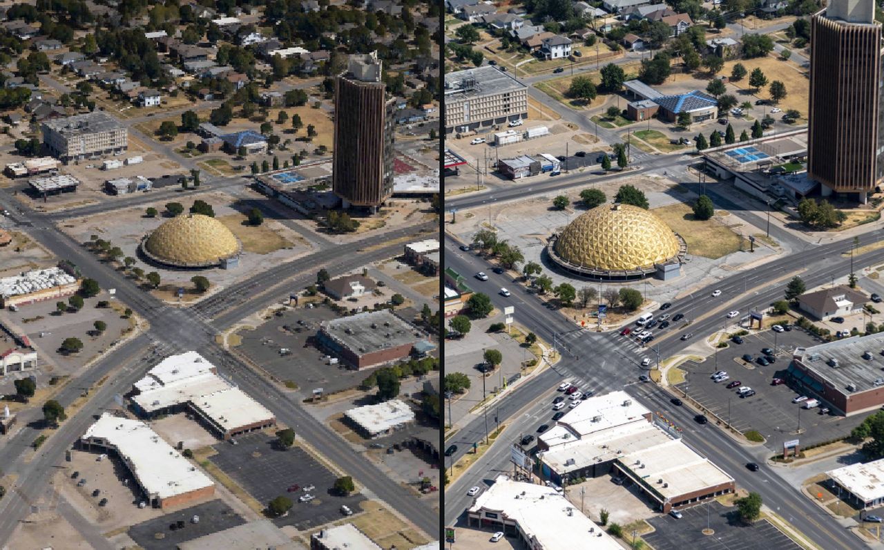 The Gold Dome in Oklahoma City: the 3D model on the left, the oblique photograph of the same view on the right