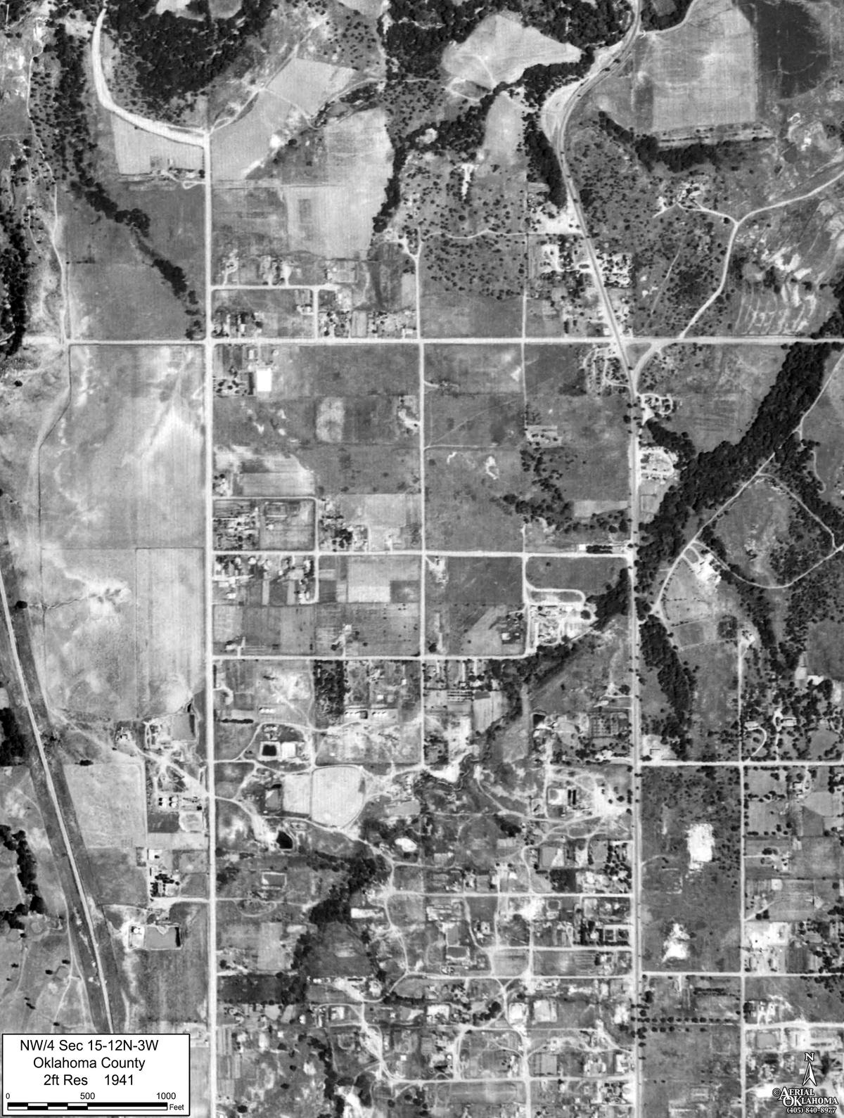 1941: the quarter section as farm fields on section-line roads, a creek with its tree line, a scatter of farmsteads
