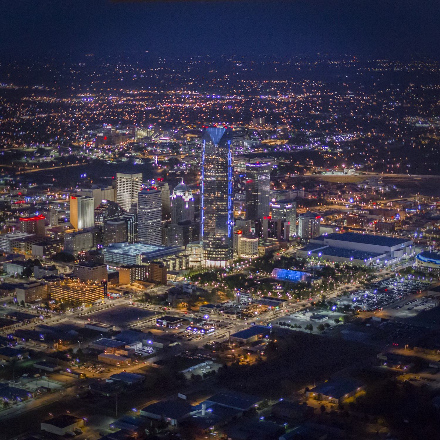 Downtown Oklahoma City at dusk from altitude