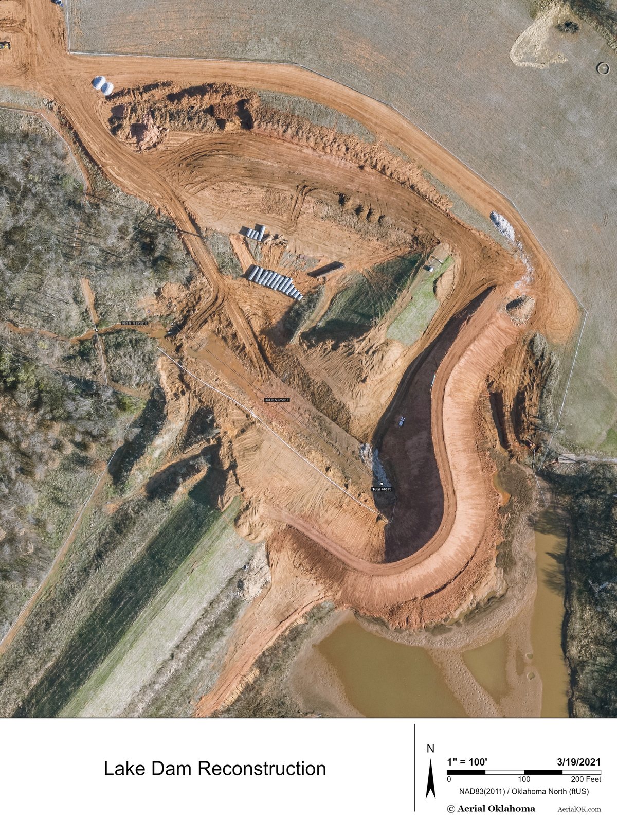 A letter-size exhibit sheet at one inch to one hundred feet: the same lake dam in March 2021 with the measured line, the title, the date, a scale bar, the projection named and a north arrow
