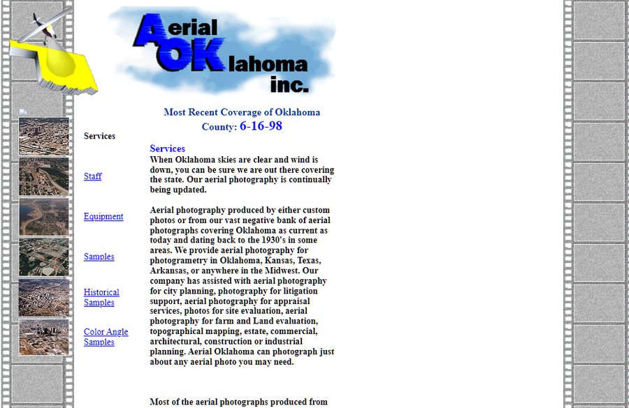 The Aerial Oklahoma website as the Internet Archive captured it in December 1998: logo, a services page and thumbnails of aerial frames between two strips of film